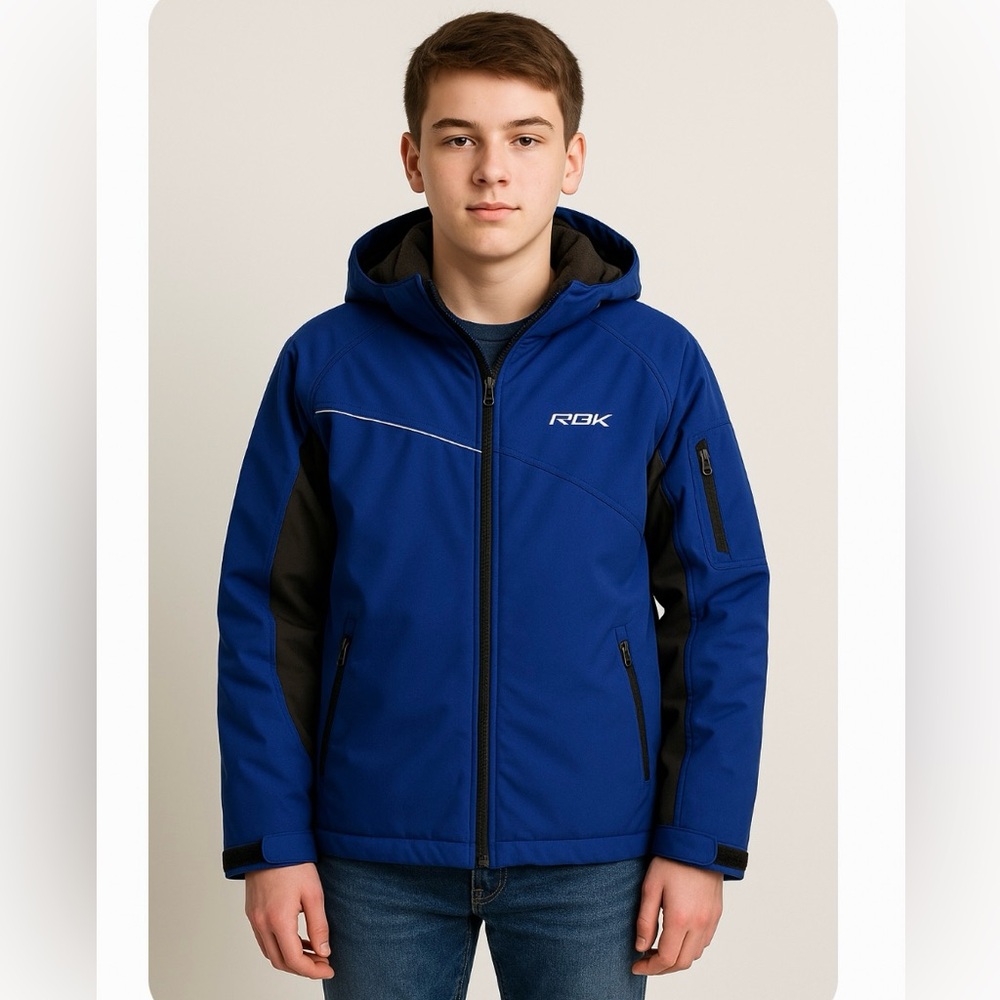 Reebok Boys Blue Black Hooded Jacket Softshell Zip Pockets Size 18/20